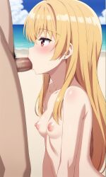 1girls ai_generated beach blonde_hair fellatio nipples nude nude_female oral_sex penis red_eyes small_breasts vampire_girl yue_(arifureta)