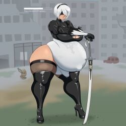 1futa balls big_breasts big_penis breasts bulge cleavage clothed clothing cobaltkilter erection erection_under_clothes fully_clothed futa_only futanari huge_breasts human large_breasts light-skinned_futanari light_skin nier:_automata penis pregnant pregnant_futa ready_to_pop skindentation solo standing thick_thighs thighhighs wide_hips yorha_2b