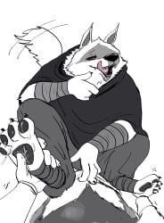 anthro bodily_fluids canid canine canis clothed clothing cum death_(puss_in_boots) dreamworks duo fan_character feet fluffy foot_fetish foot_focus genital_fluids hi_res licking licking_lips licking_own_lips male male/male mammal pawpads puss_in_boots_(dreamworks) red_eyes sitting tail tail_motion tailwag tongue tongue_out ultimatellurker wolf