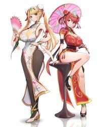 2girls absurdres alternate_costume armlet black_pantyhose blonde_hair bracelet breasts bun_cover china_dress chinese_clothes cleavage commentary_request core_crystal double_bun dress earrings female female_only full_body gonzarez hair_bun hand_fan high_heels highres holding holding_umbrella huge_breasts jewelry large_breasts long_hair looking_at_viewer massive_breasts monolith_soft multiple_girls mythra nintendo pantyhose parted_lips pyra red_dress red_eyes red_hair reflective_floor sideboob sitting smile teeth thighs tiara twintails umbrella xenoblade_(series) xenoblade_chronicles_2 yellow_eyes