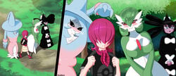 4girls backpack bad_anatomy black_hair black_shirt blue_eyes blue_hair blush boots breasts chest_spike drooling female female_only gardevoir gothitelle green_hair green_skin hair_over_eyes hatterene human imminent_rape imminent_sex large_breasts long_hair looking_forward molemug multiple_girls pillow pokémon_(species) pokemon pokemon_(species) purple_skin red_eyes scarf shirt skirt_lift smile tagme unaware walking white_skin