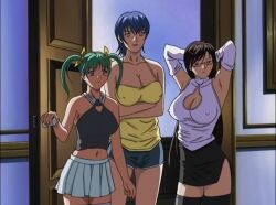 bare_shoulders cleavage discipline:record_of_a_crusade glasses green_hair hair_ribbon hairclips harem kaneda_maiko large_breasts long_brown_hair midriff miniskirt miyagishi_yuuki nipples_visible_through_clothing nonomura_ruri revealing_clothes screenshot short_blue_hair short_shorts staring