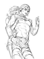 2boys abs big_pecs black_and_white blush clothed crop_top from_behind gay giorno_giovanna grabbing_from_behind groping groping_from_behind guido_mista hand_on_breast jojo's_bizarre_adventure looking_back luoyan male_only muscular muscular_male partially_clothed pecs reach_around shirt_lift sketch standing sweatdrop toned toned_male unbuttoned unbuttoned_pants underwear vento_aureo wink yaoi