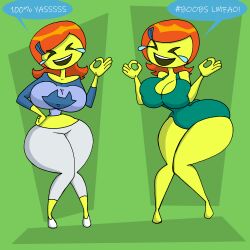 2girls alternate_breast_size ben_10 da-fuze emoji emoji_(race) emojification english_text female female_only gwen_tennyson hourglass_figure huge_ass huge_breasts leotard multiple_girls text thick_thighs transformation wide_hips