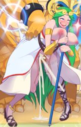 1boy 1girls bdrd blush bouncing_breasts bowser breasts clothing crossover cum cum_drip female green_hair high_heels interspecies kid_icarus long_hair looking_pleasured male mario_(series) nipples outdoors palutena sex shoes size_difference standing super_smash_bros. tagme thigh_sex unseen_male_face very_long_hair