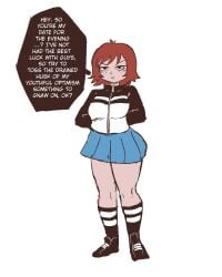 1girls bimbo bimbofication brain_drain breast_expansion clothed female freckles hypnosis kim_pine mind_break mind_control red_hair scott_pilgrim shishikasama solo solo_female text text_bubble transformation