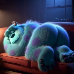 1:1 1boy ai_generated ass bing_image_creator blue_fur curtains disney fur gay horns male male_only monsters_inc pixar purple_spots self_upload sleeping sofa spotted_fur sulley tagme two_tone_fur