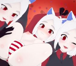 3d 3girls breasts cerberus_(helltaker) demon dog_ears female female_only helltaker leane red_eyes tagme white_hair