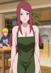 1boy 1girls apron apron_only barely_clothed blonde_hair blurry blurry_background blush breasts cleavage female female_focus husband_and_wife indoors kitchen large_breasts living_room looking_at_viewer male mature mature_female milf mostly_nude naked_apron namikaze_minato naruto naruto_shippuden no_bra no_panties padm red_hair smile uzumaki_kushina very_long_hair voluptuous wide_hips