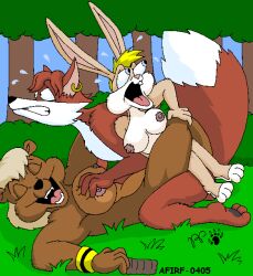 anthro bear binky_bunny_(rutwell) black_nose black_pawpads blonde_hair breast_grab breasts brown_bear buckteeth canid canine closed_eyes digital_media_(artwork) dipstick_tail ear_piercing ear_ring eyes_popping_out female female/female forced fox fur grizzly_bear group hair hand_on_breast harley_(kthanid) kthanid_(artist) lagomorph leporid male male/female mammal markings nipples nude open_mouth outside outside_sex pawpads piercing pink_nose rabbit rape ring_piercing rutwell_forest sex tail tail_markings tan_body tan_fur teeth toony trio ursine ursula_bruin