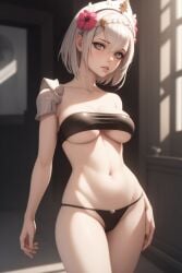 1girls ai_generated bikini bra breasts female female_only genshin_impact hair_flower hoyoverse kirill782 looking_at_viewer maid maid_headdress medium_breasts navel noelle_(genshin_impact) panties short_hair silver_hair solo stable_diffusion standing strapless strapless_bra underboob