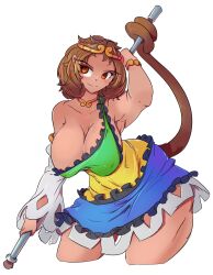 1girls accessory big_breasts breasts brown_eyes brown_hair cleavage clothed_female greenm light-skinned_female monkey_girl monkey_tail nipple_bulge pole sideboob solo solo_female son_biten tail thighs touhou transparent_background