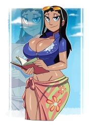 1girls big_breasts black_hair blue_eyes cleavage female female_only furiousart large_breasts looking_at_viewer navel nico_robin one_piece post-timeskip solo solo_female solo_focus sunglasses_on_head thick_thighs thighs wide_hips zrfurious