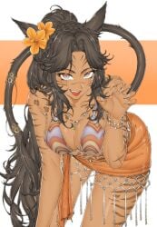 bikini claw_pose cleavage cute_fang dark-skinned_female female female_only final_fantasy_xiv flower_in_hair kemonomimi makudonarudo miqo'te tail tiger_stripes