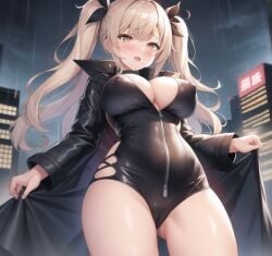 blonde_hair blush cameltoe cityscape cloak holding_cape nipple_bulge ponytail unzipped_bodysuit