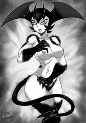 1girls 2018 antennae black_hair breasts claws cowboy_shot curvaceous danmakuman demon_girl demon_tail devilman devilman_lady erect_nipples fangs female fur greyscale head_wings jun_fudo large_breasts looking_at_viewer monochrome nipples nude nude_female open_mouth pubic_hair sharp_claws short_hair solo spade_tail thick_thighs toned wide_hips