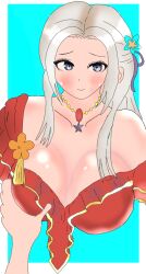 1girls alternate_costume baningu_bureivu bare_shoulders blush breasts collarbone edelgard_von_hresvelg edelgard_von_hresvelg_(summer) female female_only fire_emblem fire_emblem:_three_houses fire_emblem_heroes grey_hair large_breasts long_hair looking_at_viewer necklace nintendo official_alternate_costume one-piece_swimsuit red_one-piece_swimsuit red_swimsuit shoulders smile solo swimsuit upper_body