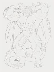 1boy abs alexcherubic anthro balls biceps big_balls big_penis capcom flexing foreskin furry horns huge_cock male male_only monster monster_hunter muscle muscles muscular muscular_male nergigante pecs penis sketch tail wings