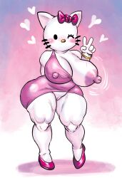 absurd_res anthro areola big_breasts black_eyes bow_ribbon breasts clothing domestic_cat dress felid feline felis female footwear genitals gesture goudadunn heart hello_kitty hello_kitty_(character) hello_kitty_(series) hi_res high_heels huge_breasts kitty_white mammal nipple_outline nipples one_breast_out one_eye_closed pink_areola pink_nipples pussy sanrio solo thick_thighs v_sign whiskers white_body wink