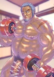 amatsumara_(tokyo_afterschool_summoners) balls bara big_penis censored_penis dumbbell exercise facial_hair flaccid genta_iwayama grey_hair male male_only musclegut muscles muscular nude penis scar scar_across_eye solo solo_male sweat sweating tokyo_afterschool_summoners weightlifting