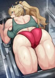 1girls aqua_eyes ass back backboob barghest_(gawain)_(fate) biceps big_ass big_breasts blonde_hair blush bra breasts cowboy_shot deep_skin exercise exercise_machine fat_ass fate/grand_order fate_(series) female from_behind green_bra gym hair_between_eyes hair_ornament hair_scrunchie harurukan highres huge_ass indoors large_ass large_breasts long_hair looking_at_viewer looking_back muscular_arms muscular_ass muscular_back muscular_female muscular_legs muscular_thighs open_mouth panties ponytail red_panties scrunchie sidelocks skindentation solo sports_bra sports_panties sweat sweating sweaty sweaty_body sweaty_butt sweaty_thighs thick_thighs thighs underwear very_long_hair voluptuous wedgie wet_panties wet_pussy white_scrunchie wide_hips