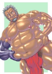 amatsumara_(tokyo_afterschool_summoners) balls bara bulge facial_hair fundoshi fundoshi_only genta_iwayama grey_hair male male_only musclegut muscles muscular penis scar scar_across_eye solo solo_male tokyo_afterschool_summoners