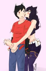 1boy 1girls behind_another black_eye black_hair black_hair_female blake_belladonna cat_ears clothed_male_clothed_female cum cumshot erect_penis handjob jin_satou licking_cheek original_character red_eye rwby scar scar_across_eye tongue_out yellow_eyes zronku