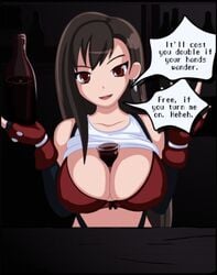 1girls alcohol big_breasts body_shot bra breasts clothed dialogue exposed_breasts female female_only final_fantasy final_fantasy_vii flirting game_cg nipple_bulge pov screencap shirt shirt_lift shirt_up snugbyte suggestive talking_to_viewer teasing tifa_lockhart underwear