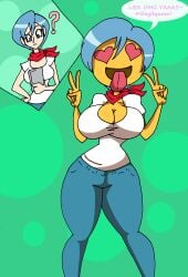 bulma_briefs da-fuze dragon_ball emoji emoji_(race) emojification female hourglass_figure huge_ass huge_breasts thick_thighs transformation wide_hips