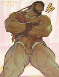 !? 1boy absurdres artist_name bara beard black_hair brown_gloves closed_mouth crossed_arms erection facial_hair fingerless_gloves gloves headband highres holo_eden large_pectorals male male_focus male_only muscular muscular_male pectorals penis red_headband ryu_(street_fighter) short_hair solo solo_male street_fighter street_fighter_6 testicles thick_thighs thighs