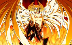 2011 2girls androgynous angel angel_and_devil angel_wings antennae blonde_hair breast breasts brown_hair curvaceous demon_girl demon_wings devilman devilman_lady duo embrace fire head_wings humanoid jun_fudo lan_asuka large_breasts light-skinned_female light_skin looking_down_at_partner multiple_girls no_nipples nude nude_female satan_(devilman) short_hair villainess wings yuri zix_(painter)