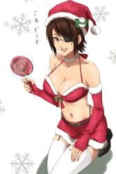 1female attack_on_titan bare_shoulders belly_button breasts brown_hair busty christmas_lingerie christmas_outfit cleavage edited eyepatch female_focus female_only hanji_zoe holding_lollipop light-skinned_female light_skin lingerie looking_at_viewer midriff navel on_knees santa_costume santa_hat shingeki_no_kyojin simple_background sleeves smiling smiling_at_viewer stockings
