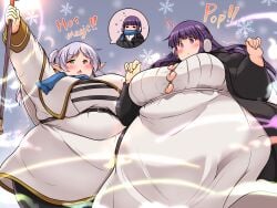 2girls bbw belly_overhang big_belly big_breasts big_female blush chubby chubby_female embarrassed fat fat_ass fat_female fat_fetish fat_girl fat_woman fatty fern_(sousou_no_frieren) frieren huge_belly kurocaze large_female morbidly_obese morbidly_obese_female obese obese_female overweight overweight_female plump pork_chop ripped_clothing sousou_no_frieren thick_thighs weight_gain