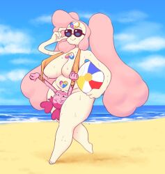 2girls adjusting_eyewear adjusting_glasses adjusting_sunglasses barefoot beach beach_ball blue-tinted_eyewear blush breasts cartoon_network clouds cunnilingus feet forniphilia fusion gem_(species) huge_breasts living_clothes long_hair momokattlewds multiple_girls original_character pink_hair pink_skin pussy restrained restrained_arms sea sky sling_bikini spinel_(steven_universe) steven_universe sunglasses sweat sweatdrop sweating thick_thighs tinted_eyewear twintails voluptuous voluptuous_female yellow_skin yuri