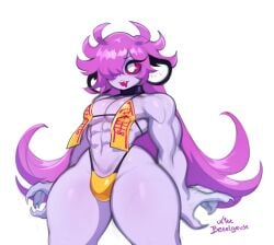 1boy :3 artist_signature ass bao_bao_(kittbetelgeuse) bulge fangs femboy girly hair_over_one_eye hourglass_figure jiangshi kittbetelgeuse male male_only muscular_femboy original pink_hair purple_skin red_sclera sharp_fingernails skimpy skimpy_bikini string_bra twink white_background white_eyes