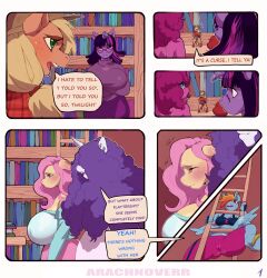 applejack_(mlp) arachnoid888 big_ass big_breasts chubby_female clothed comic comic_page comic_panel curly_hair english_text equine female_only flustered fluttershy_(mlp) group hi_res horn library micro my_little_pony page_1 pegasus petroverr pinkie_pie_(mlp) pony rainbow_dash_(mlp) rarity_(mlp) see-through shy sports_bra sportswear stuck stuck_in_wall text thick thick_thighs tummy twilight_sparkle_(mlp) unicorn wings