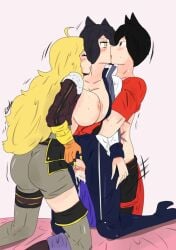 1boy 2girls black_hair black_hair_female blake_belladonna blonde_female blonde_hair breasts breasts_pressed_together canon_couple canon_x_oc cat_ears fingering half-dressed half_naked half_naked_female jin_satou kissing kissing_neck kissing_while_penetrated long_hair long_hair_female original_character penetration robotic_arm rwby sex sex_from_behind yang_xiao_long yellow_eyes zronku