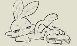 3_toes 5:3 anthro feet female food foot_fetish foot_play genitals hi_res itsunknownanon lagomorph looking_at_viewer mammal nintendo pokémon_(species) pokemon pussy raised_leg sandwich_(food) scorbunny simple_background solo solo_focus toes video_games