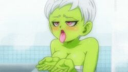 1girls alien alien_girl animated breasts busty cheelai cleavage cum cum_in_mouth cumshot curvy dragon_ball dragon_ball_super eye_contact eyelashes female gif green-skinned_female green_body green_skin half-closed_eyes huge_areolae huge_breasts pink_eyes short_hair smile straight voluptuous waiting_for_cum white_hair yamamoto_doujin