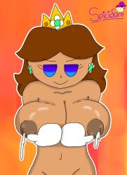 1girls big_breasts blue_eyes breasts brown_hair female female_only holding_breast lactation looking_at_viewer mario_(series) nintendo nipples nude princess_daisy simple_background smile solo spicidore standing