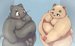 2020 anthro balls black_body black_fur blush brown_body brown_fur domestic_cat duo felid feline felis fur genitals hi_res inigo_(kusosensei) kemono kusosensei male male/male male_only mammal obese overweight overweight_male penis rocky_(kusosensei) ursid wet