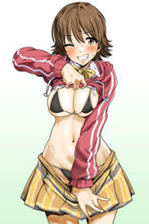 1girls big_boobs big_breasts big_tits black_bra black_panties black_pupils blush boobs bra breasts brown_hair eyebrows_visible_through_hair eyelashes_visible_through_hair female female_only grin hair_between_eyes honda_mio hourglass_figure idolmaster idolmaster_cinderella_girls looking_at_viewer navel one_eye_closed only_female panties pija_(pianiishimo) ribbon shirt_lift short_hair simple_background skirt smile smiling_at_viewer solo sweat taking_clothes_off tits wink