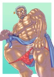 amatsumara_(tokyo_afterschool_summoners) balls bara blush censored_penis embarassed facial_hair flaccid genta_iwayama grey_hair lifting_clothing male male_only musclegut muscles muscular penis scar scar_across_eye tokyo_afterschool_summoners undressing