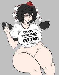 1girls acraeaaconite black_hair cigar english_text grey_background hat hips light-skinned_female no_pants red_eyes shameimaru_aya shirt smoking solo solo_female tengu text text_on_clothing text_on_shirt thick_hips thick_thighs thighs touhou vagina white_shirt wings