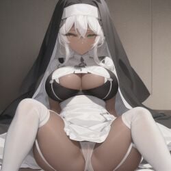 ai_generated dark-skinned_female dark_skin garter_belt garter_straps looking_at_viewer nun nun_outfit showing_panties sitting thick_thighs thighhighs white_hair