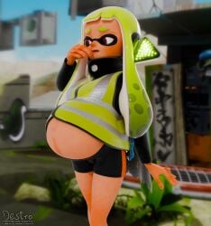 1girls 3d agent_3_(splatoon) anthro blender cephalopod_humanoid clothed detailed_background green_hair hdddestroyer headgear hi_res humanoid inkling inkling_girl jacket light_skin looking_away nervous nintendo orange_eyes pregnant pregnant_female shorts splatoon tentacle tentacle_hair