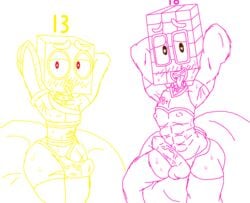 2boys abs anthro anthrofied armband clothed clothing collar duo eighteen_(numberblocks) femboy genitals hands_behind_head humanoid jazzzeh51 legwear looking_at_viewer looking_pleasured male muscular_male not_furry not_human number numberblocks penis prosthetic prosthetic_limb raised_clothing raised_shirt raised_topwear shirt sitting stockings thirteen_(numberblocks) tongue tongue_out topwear yaoi