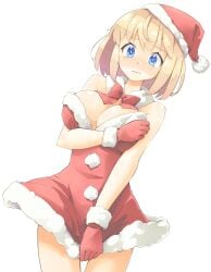 1girls alice_margatroid arnest big_breasts blonde_hair blue_eyes blush breasts christmas christmas_outfit closed_mouth cowboy_shot detached_collar female gloves hat large_breasts looking_at_viewer pom_pom_(clothes) red_gloves red_headwear santa_costume santa_hat short_hair simple_background solo tagme touhou white_background