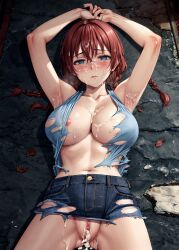 after_sex ai_generated arms_up blush breasts cum cum_on_body cum_on_face emma_verde empty_eyes love_live! love_live!_nijigasaki_high_school_idol_club pussy rape red_hair torn_clothes twintails uncensored