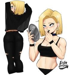 1girls abs android_18 applying_makeup ass belt black_bra black_choker black_lipstick black_nails black_panties black_pants blonde_hair blouse blue_eyes blush bob_cut bra breasts choker cleavage collarbone crop_top denim dragon_ball dragon_ball_z earrings echosaber female female_only fully_clothed goth gothic hoop_earrings jewelry lipstick long_sleeves looking_at_viewer makeup medium_breasts metalhead mirror multiple_views muscular muscular_female nail_polish navel nose_blush panties pants ring shirt short_hair smile solo stomach tight tight_pants toned torn_clothes torn_legwear torn_pants underwear upper_body wedding_ring white_background wristband